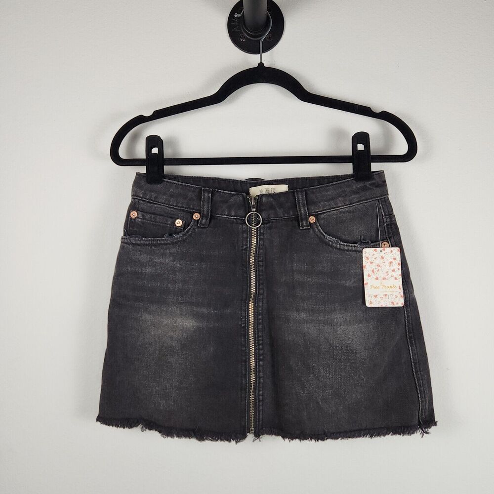 Free People Skirt Denim Mini Haven Frayed Hem Zip-Up Distressed Y2K NWT - 28"